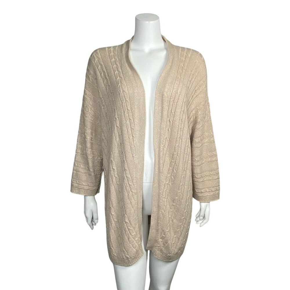 J. Jill Open Front Cable Knit Tunic Cardigan Sweater Size L Beige 3/4 Sleeves